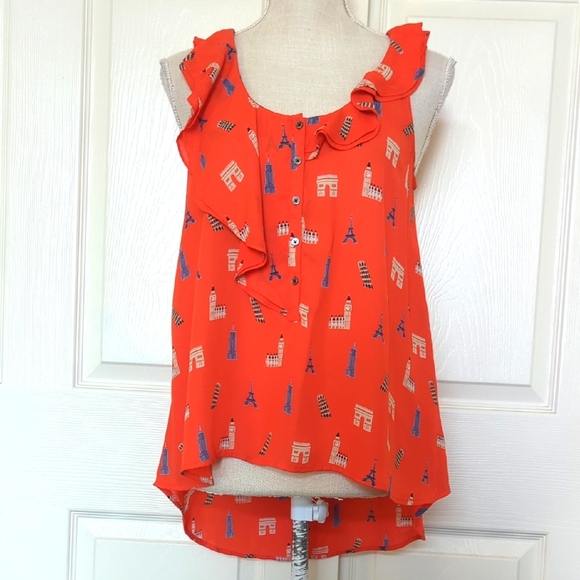 Maeve Anthropologie 'Aurelie Landmarks’ Sleeveless Ruffle Blouse - Picture 1 of 7